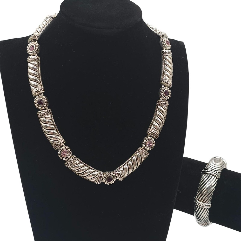 Vtg Necklace Bangle Set Silver‎ Tone Cuff Purple Glass Rhinestones Swirl Twist